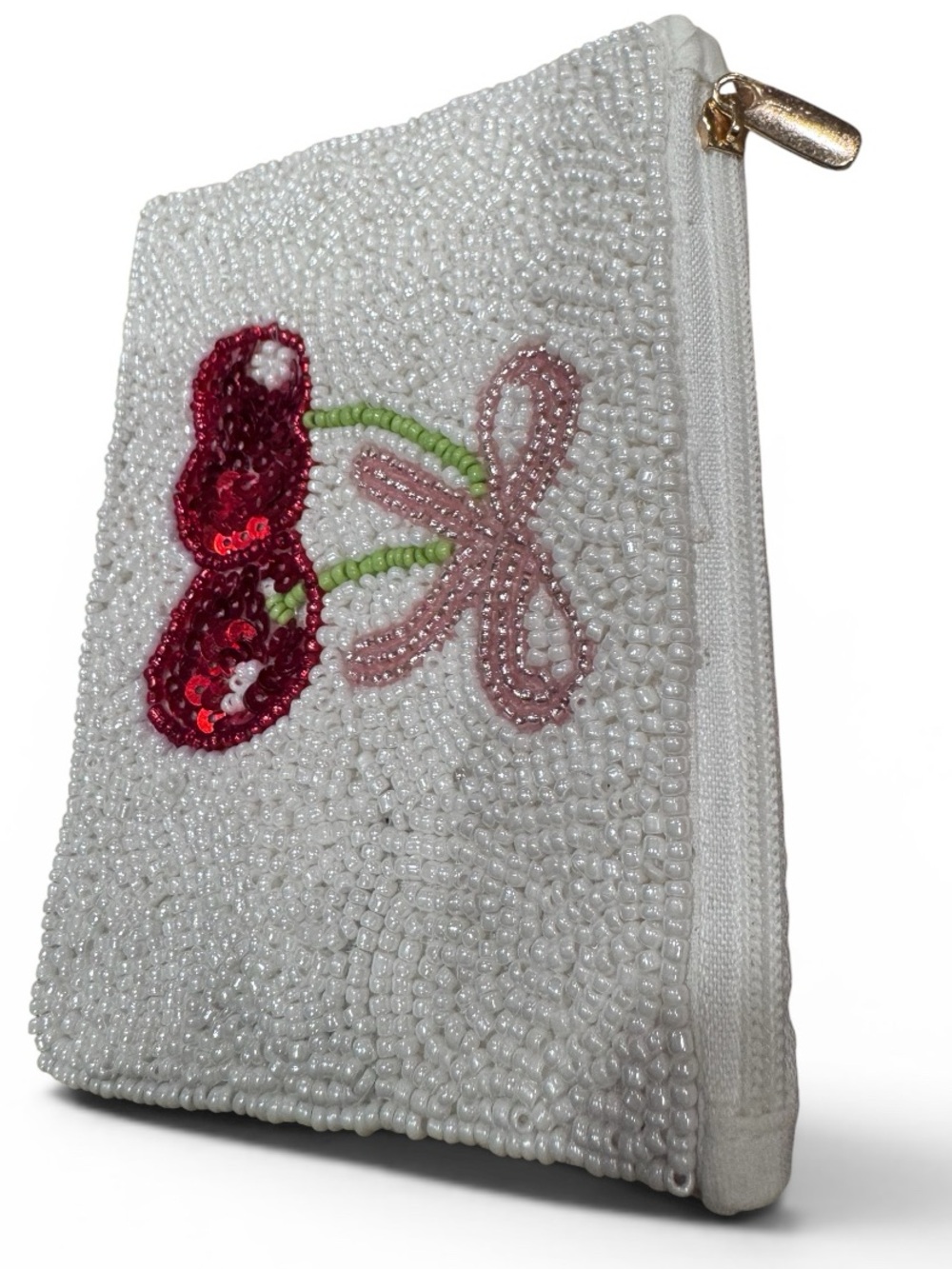 Cherry Seed Bead Coin Purse Beaded Zip Pouch Cherry Bow - Picture 2 of 7